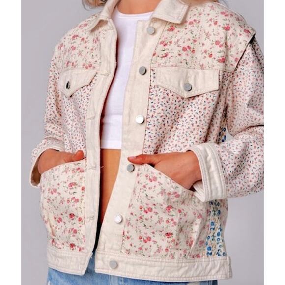 BlankNYC Womens Denim Trucker Jacket Size XS Floral Feminine Pastel Spring Cream - Picture 2 of 9